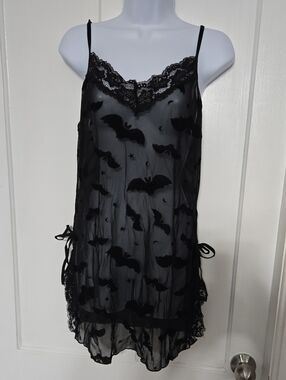 Sheer Black Bat-Print Lace Slip Dress Or Nightie XL